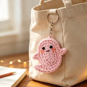 Pode incluir: Um porta-chaves de fantasma em croché rosa claro com dois pequenos olhos de missangas pretas, um sorriso bordado e duas bochechas rosadas. O fantasma está preso a um anel e corrente de metal prateado, pendurado num saco de lona bege.