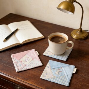 Puede incluir: Tres posavasos cuadrados de tela patchwork con dise&ntilde;os de conejos en rosa, azul y blanco, colocados sobre una mesa de madera. Una taza de caf&eacute; descansa sobre uno de ellos, con un cuaderno y una l&aacute;mpara en el fondo.