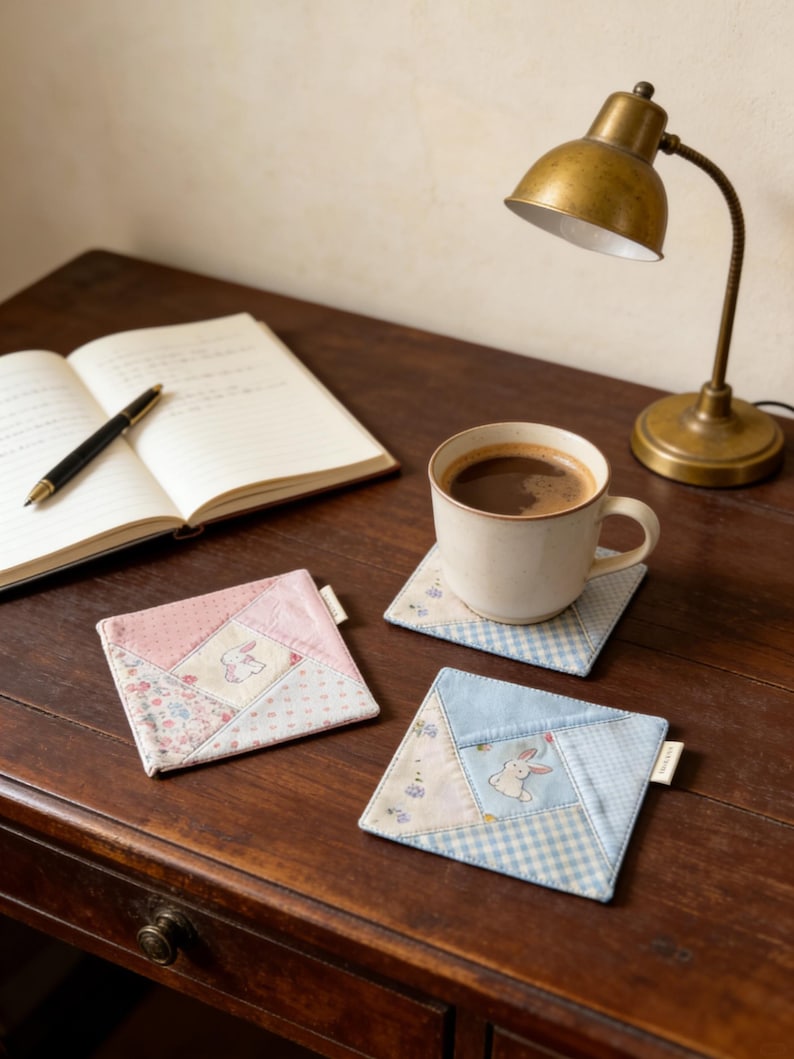 Puede incluir: Tres posavasos cuadrados de tela patchwork con dise&ntilde;os de conejos en rosa, azul y blanco, colocados sobre una mesa de madera. Una taza de caf&eacute; descansa sobre uno de ellos, con un cuaderno y una l&aacute;mpara en el fondo.