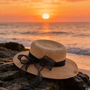 Könnte beinhalten: Ein Strohhut mit schwarzer Schleife liegt auf einem Felsen am Strand. Der Hut hat eine runde Krone und eine breite Krempe. Im Hintergrund ist ein Sonnenuntergang über dem Meer zu sehen.