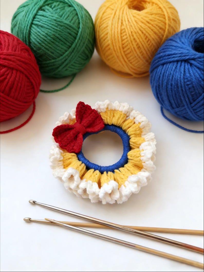 May include: A handmade crochet hair scrunchie with a red bow, yellow, white, and blue accents. Several balls of yarn in red, green, yellow, and blue are in the background, along with two crochet hooks. Craft supplies.