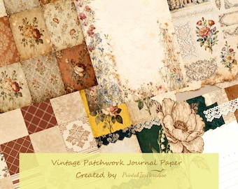 Warm vintage quilt-geïnspireerd patchwork-dagboekpapier, afdrukbare digitale download voor planners en ambachten