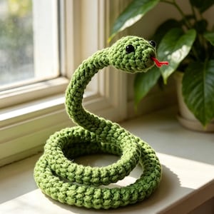 May include: A green crocheted snake toy with a coiled body, a raised head, two black bead eyes, and a small red yarn tongue protruding from its mouth. The textured yarn construction creates a visible stitch pattern throughout the entire figure.