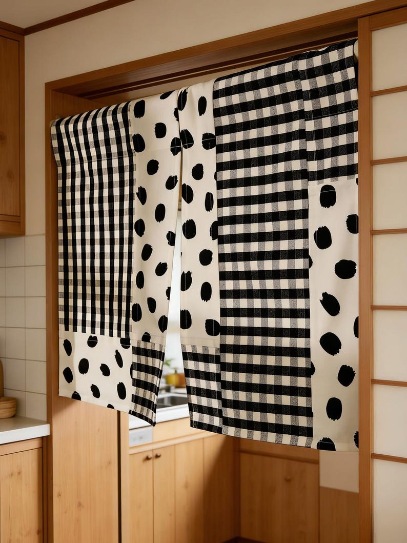 May include: A decorative kitchen curtain with a patchwork design. The curtain features alternating panels of black and white gingham, black polka dots on a cream background, and vertical black stripes. The curtain hangs in a wooden doorway.