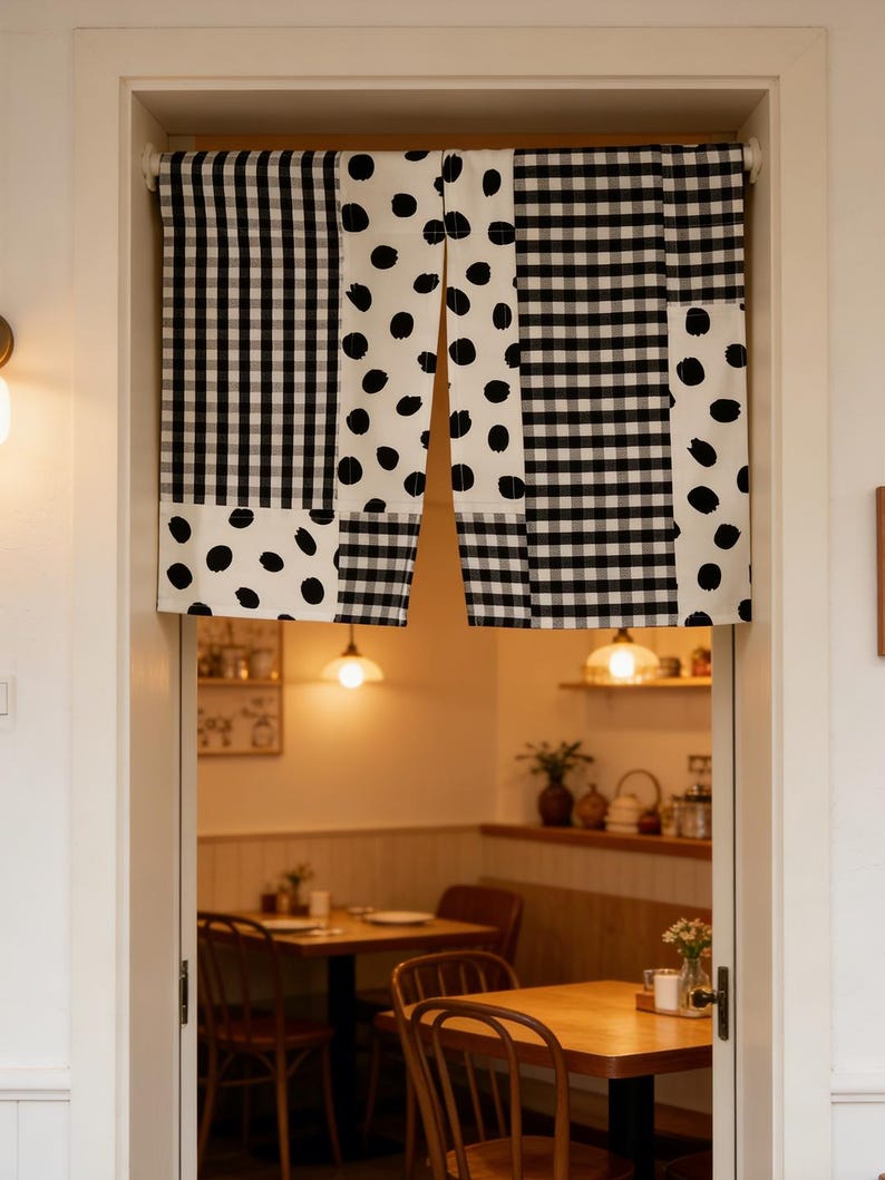 May include: A black and white patterned door curtain. The curtain features a patchwork design with gingham and polka dot patterns. The curtain hangs in a doorway, with a restaurant visible in the background.