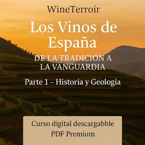 Puede incluir: Curso PDF digital titulado "Los Vinos de España" de WineTerroir. La imagen presenta texto blanco sobre un fondo de puesta de sol sobre un viñedo. El curso cubre historia y geología, con una opción "PDF Premium".