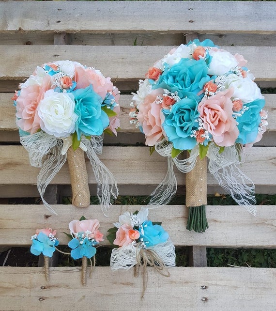 Full Package Turquoise And Coral Weddings Bouquets Bouquets Etsy