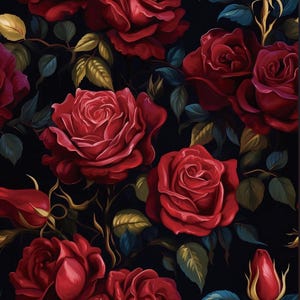 Pode incluir: Um padrão repetitivo de rosas vermelhas com folhas verdes e douradas sobre um fundo preto. As rosas são retratadas em vários estágios de floração. A imagem tem um toque vintage e romântico.