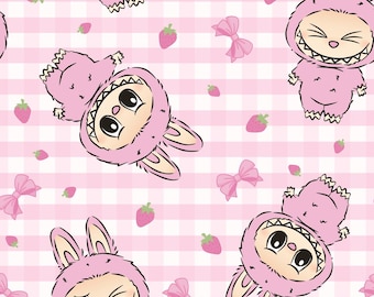 Tkanina z magicznymi potworami, tkanina z potworami, tkanina z motywem króliczka-potwora, tkanina z motywem anime, tkanina z kreskówek, 100% bawełny, pół jarda