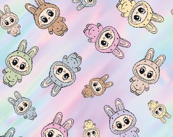 Tkanina z magicznymi potworami, tkanina z potworami, tkanina z motywem króliczka-potwora, tkanina z motywem anime, tkanina z kreskówek, 100% bawełny, pół jarda