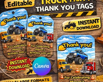 Truck Party Thank You Tags, Construction Favor Tags, Editable Canva Template, Birthday Party Favor Tags, Boy Birthday, Instant Download