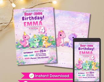 Girl Dinosaur Birthday Invitation Editable Canva Template, Roarsome Party Invite, Pink Dino, Three Rex, Kids Birthday Invite
