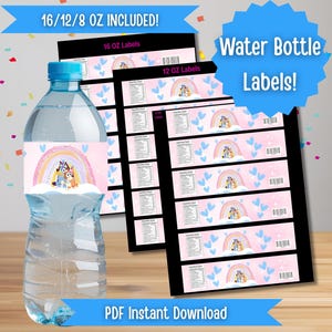 Blue Dog Theme Water Bottle Wraps, Birthday Party Favor, Celebration, Instant Download