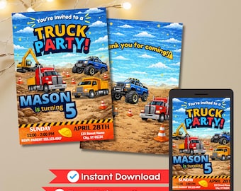 Truck Birthday Invitation, Construction Birthday Invite, Truck Party, Editable Canva Template, Boy Birthday Invitation, Dump Truck Invite