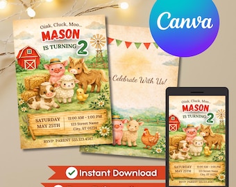 Farm Animals Birthday Invitation, Editable Canva Template, Barnyard Birthday Invite, Watercolor Farm Party, Instant Download