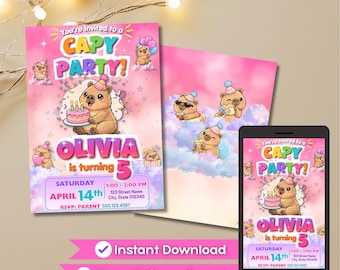 Capybara Birthday Invitation, It’s A Capy Birthday Invitation, Cute Capybara Birthday Party, Cute Girls Kawaii Editable Canva Template