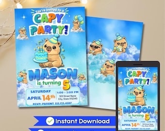 Capybara Birthday Invitation, Capy Party Editable Canva Template (Digital Download)