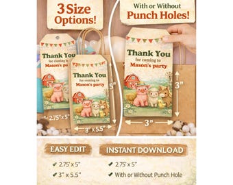 Farm Birthday Thank You Tags Template, Editable Canva Favor Tags, Farm Animal Party Tags, Barnyard Birthday, Printable Gift Tags