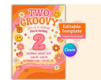 Two Groovy Birthday Invitation | Editable Template | Girl 2nd Birthday Invitation | Retro Groovy Party Canva Template