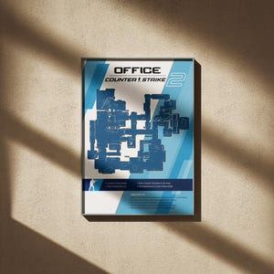 May include: A rectangular wall poster featuring a blue and white tactical map of the Office level from Counter-Strike 2. The design includes the text Office Counter Strike 2 at the top, a detailed floor plan in the center, and informational text.