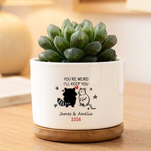 May include: A white ceramic cylindrical planter with a bamboo base containing a green succulent. The planter features a black graphic of a raccoon and a mouse with the text "YOU'RE WEIRD I'LL KEEP YOU", "James & Amelia", and "2026" in red.