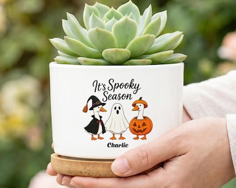 Personalized Halloween Succulent Planter, Spooky Season Goose Plant Pot, Custom Name Planter, Cute Halloween Gift for Plant Lover