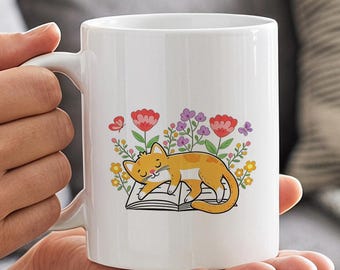 Mok met oranje kat, mok voor boekenliefhebbers, koffiemok met bloemenkat, leuk cadeau voor lezers, cadeau voor kattenliefhebber voor haar, gezellige leesmok, mok met slapende kat