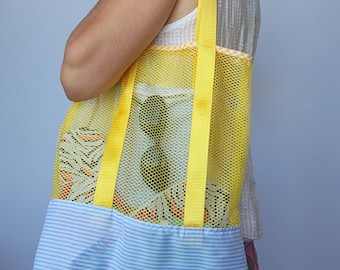 Summer Fabric Tote Bag, Handmade Mesh Bag, Lightweight Multicolor Beach Bag