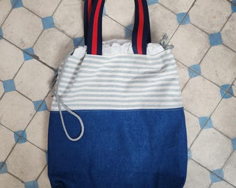 Large Tote Bag with Nautical Stripes and Denim - Multipurpose for College, Beach, and Shopping. Handmade. Coastal Grandmother Design