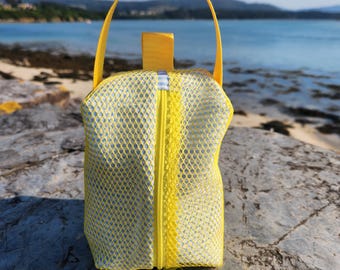 Yellow Mesh Toiletry Bag and Blue Striped Cotton | Lined Makeup Case | Handmade Cosmetic Bag for Gift.