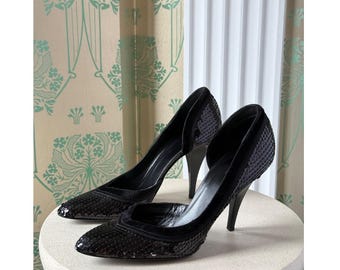 Vintage Gucci Black Sequin Leather High Heels Pumps Pointed Toe Size: 38,5