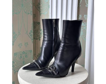 Dior CD Logo Black Leather Pointed Toe Ankle Boots Size 35.5 / 5.5 Vintage Authentic