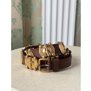 Miu Miu Leather Studded Grommet Buckle Brown Gold Hardware Belt Size : 90 / 36 Vintage Authentic