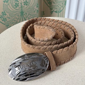 Vintage Prada Suede Beige Logo Belt Size 90/36