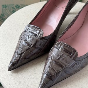 Vintage Miu Miu Croc Embossed Leather Pointed Toe Heels Pumps Grey Size 39.5 image 6