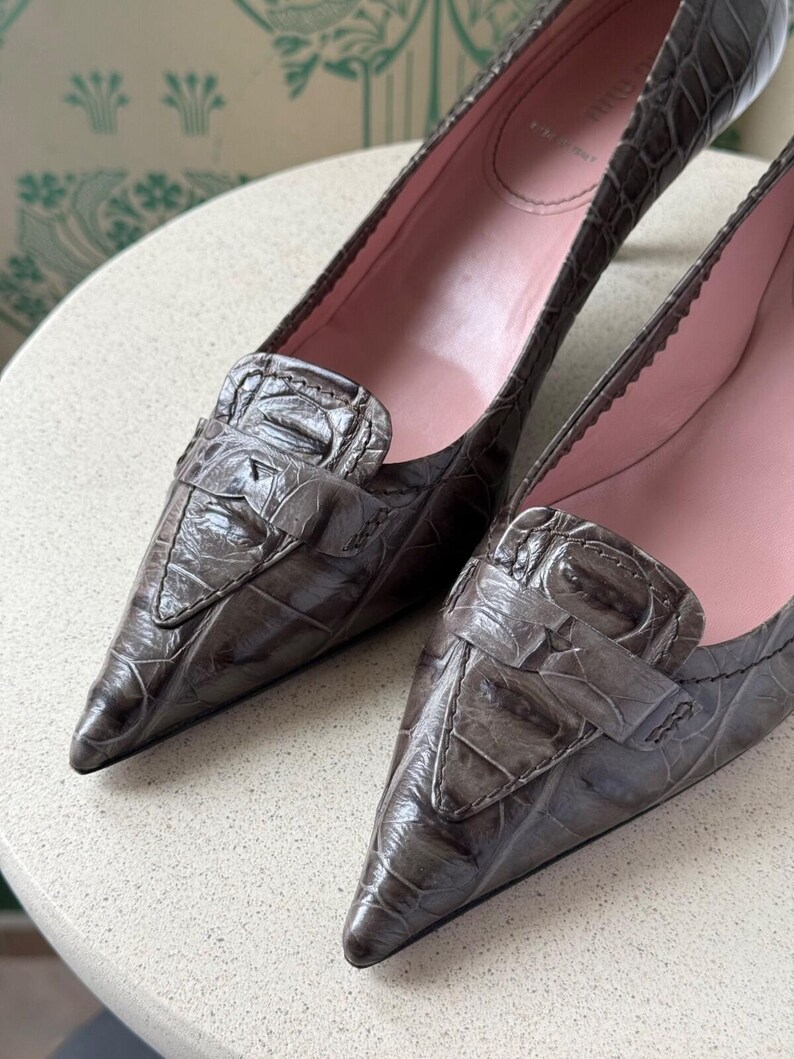 Vintage Miu Miu Croc Embossed Leather Pointed Toe Heels Pumps Grey Size 39.5 image 6