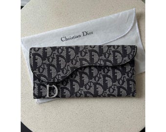 Vintage Christian Dior Saddle Long Wallet Oblique Jacquard Navy Grey RARE