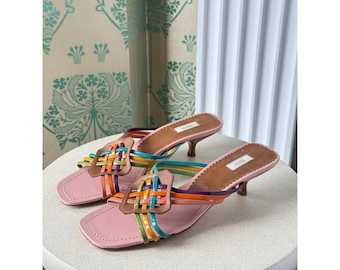 Vintage Prada Kitten Heels Strappy Leather Mules Sandals Light Pink Size: 37.5