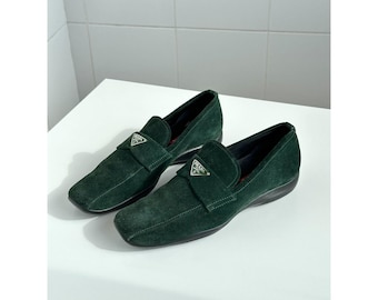Vintage Prada Green Suede Triangle Logo Square Toe Loafers Slip One Size 36 / US 6 Authentic
