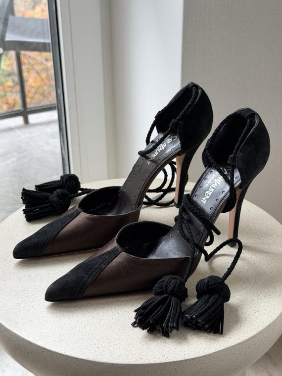 Vintage Yves Saint Laurent by Tom Ford Tassel Lace Up Suede Brow Black Heels