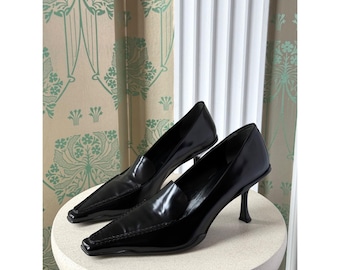 Vintage Prada Black Square Toe Patent Leather Loafers Heels Pumps Size: 41
