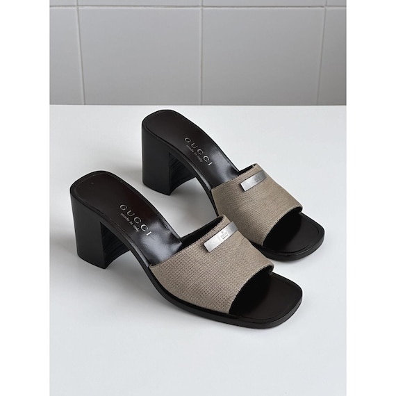 Gucci Wooden Mules Sandals Square Open Toe Chocolate Brown Kitten Heel Size 36,5 / 6,5 Vintage Authentic