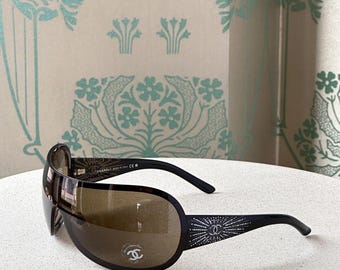 Vintage Chanel Shield Mask Sunglasses With Rhinestones CC Logo