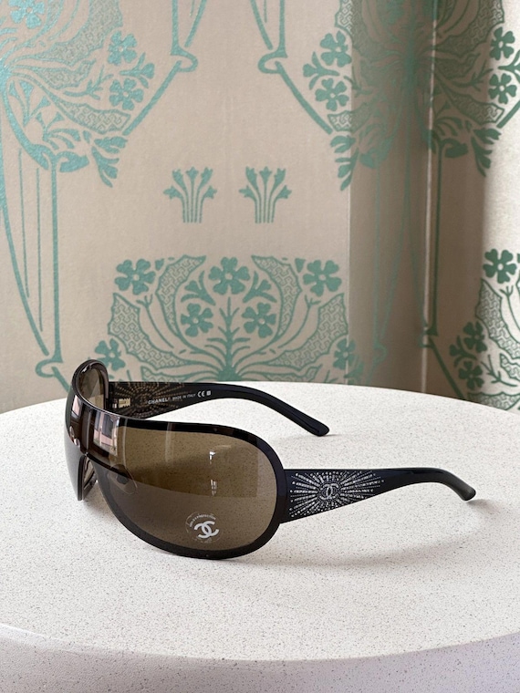 Vintage Chanel Shield Mask Sunglasses With Rhinestones CC Logo