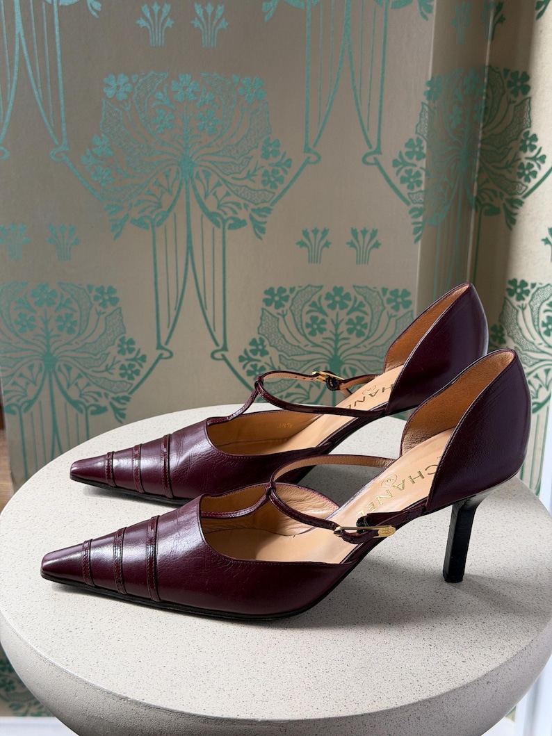 May include: A pair of dark burgundy leather T-strap pumps with a pointed toe, featuring horizontal stitched detailing on the toe box, a thin adjustable ankle strap with a gold-tone buckle, and a slim black heel. The interior sole is branded CHANEL.