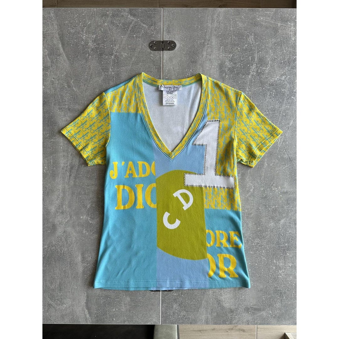 S/S 2005 Dior by John Galliano Runway Multiple Logo T-shirt Blue
