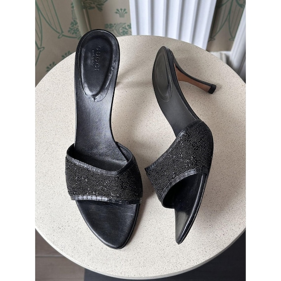 Gucci by Tom Ford GG Monogram Blackn Beaded Mules Reptile Leather Heels Size 41 / 10 Vintage