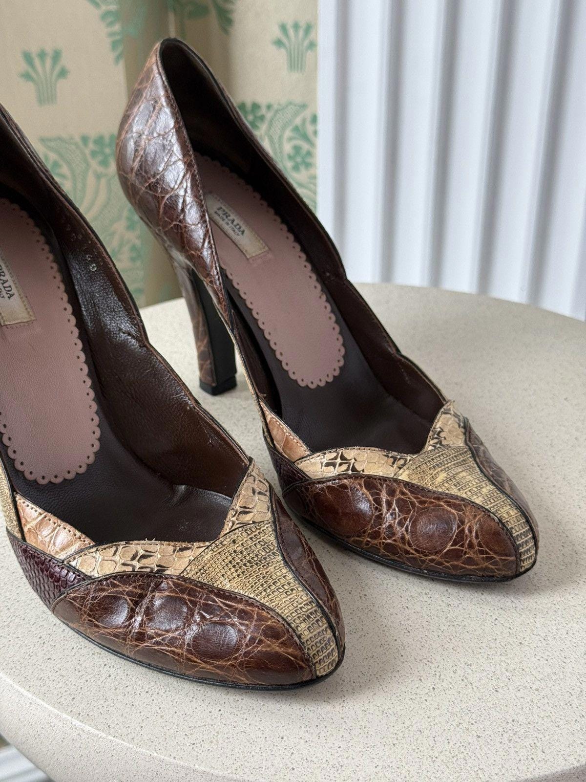 Vintage Prada Burgundy Brown Reptile Embossed Leather Pumps Heels