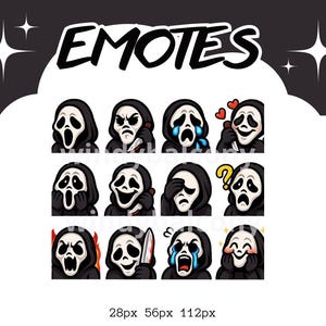 May include: A collection of digital emotes featuring the Ghostface mask from the Scream horror film franchise. Each emote displays a different emotion, including anger, crying, and love. The word "EMOTES" is written in bold, black letters at the top.