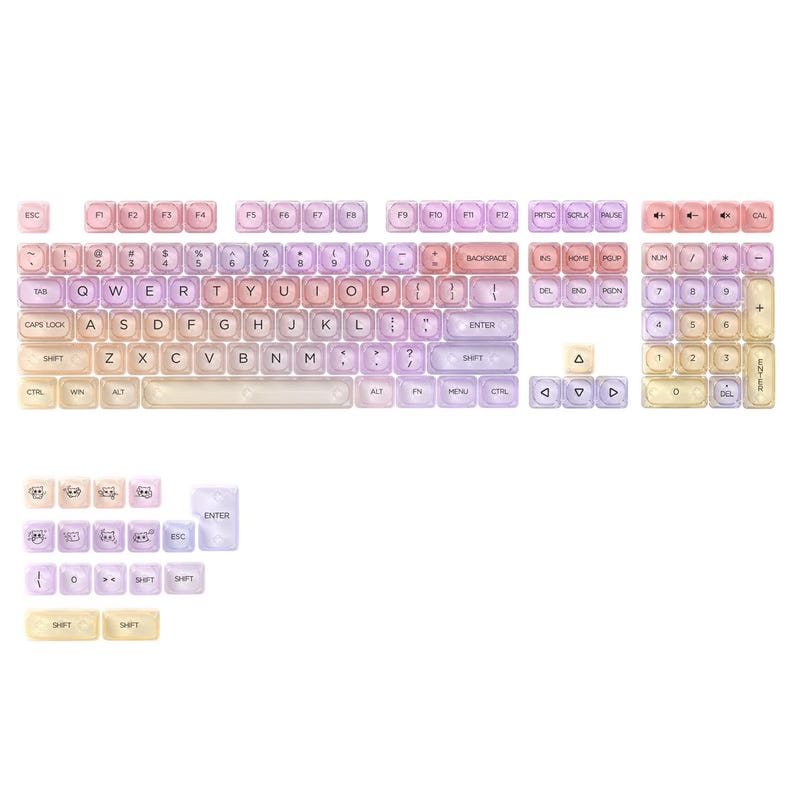 May include: A disassembled mechanical keyboard with gradient keycaps in shades of pink, purple, and yellow. The keys are arranged on a white surface, with the letters and symbols clearly visible. The keyboard includes function keys, a number pad, and arrow keys.